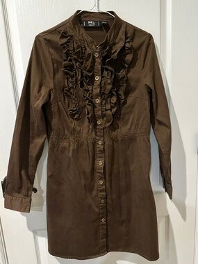MG Originals Brown Utility Long Sleeve Ruffle Front Shirt Dress Sz M